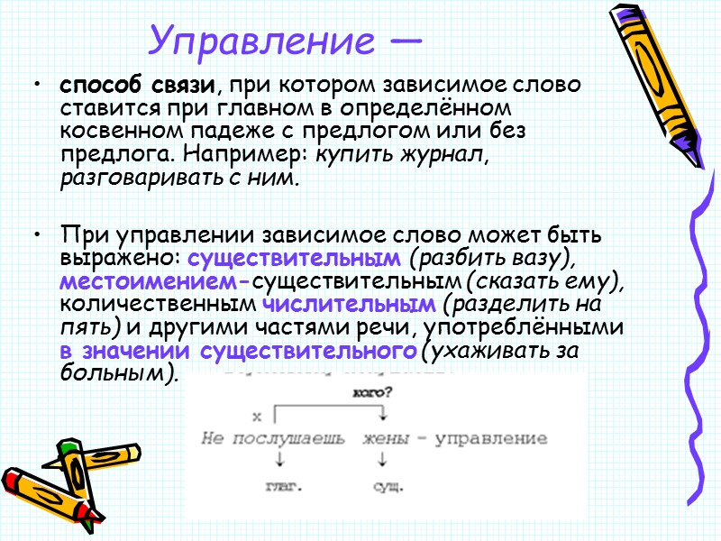 Управление —  способ связи, при котором зависимое слово ставится при главном в определённом